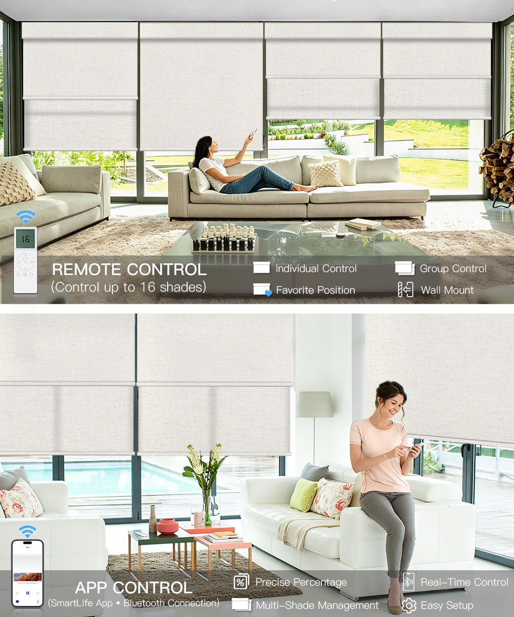 Motorized Dual Roller Shades, Blackout & Light Filtering