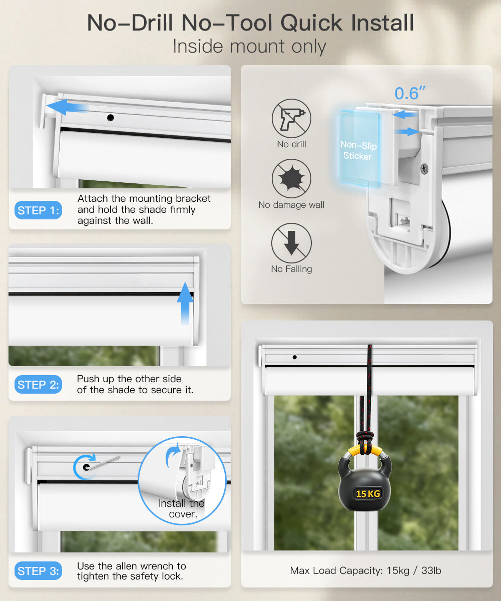 No-Drill Motorized Light Filtering Roller Shades - Quick Install