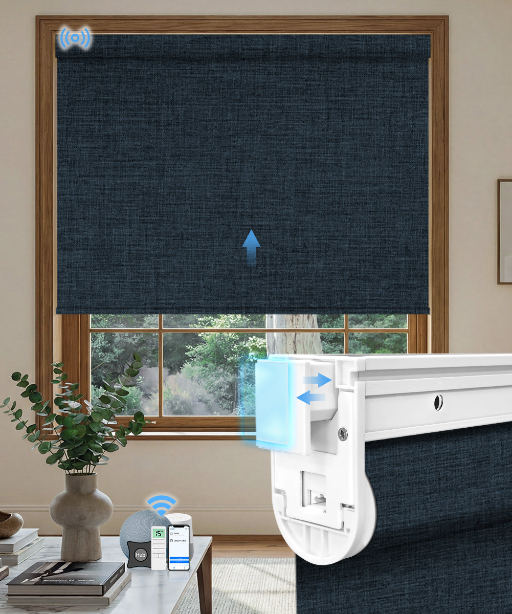 No-drill Motorized Blackout Roller Shade - Fabric Navy Blue